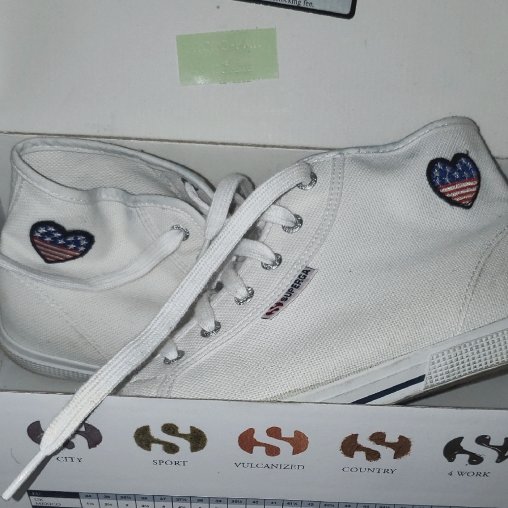 Superga White High-Top Sneakers with Heart Patches. Size 39.5 (8.5). GUC Hi Top